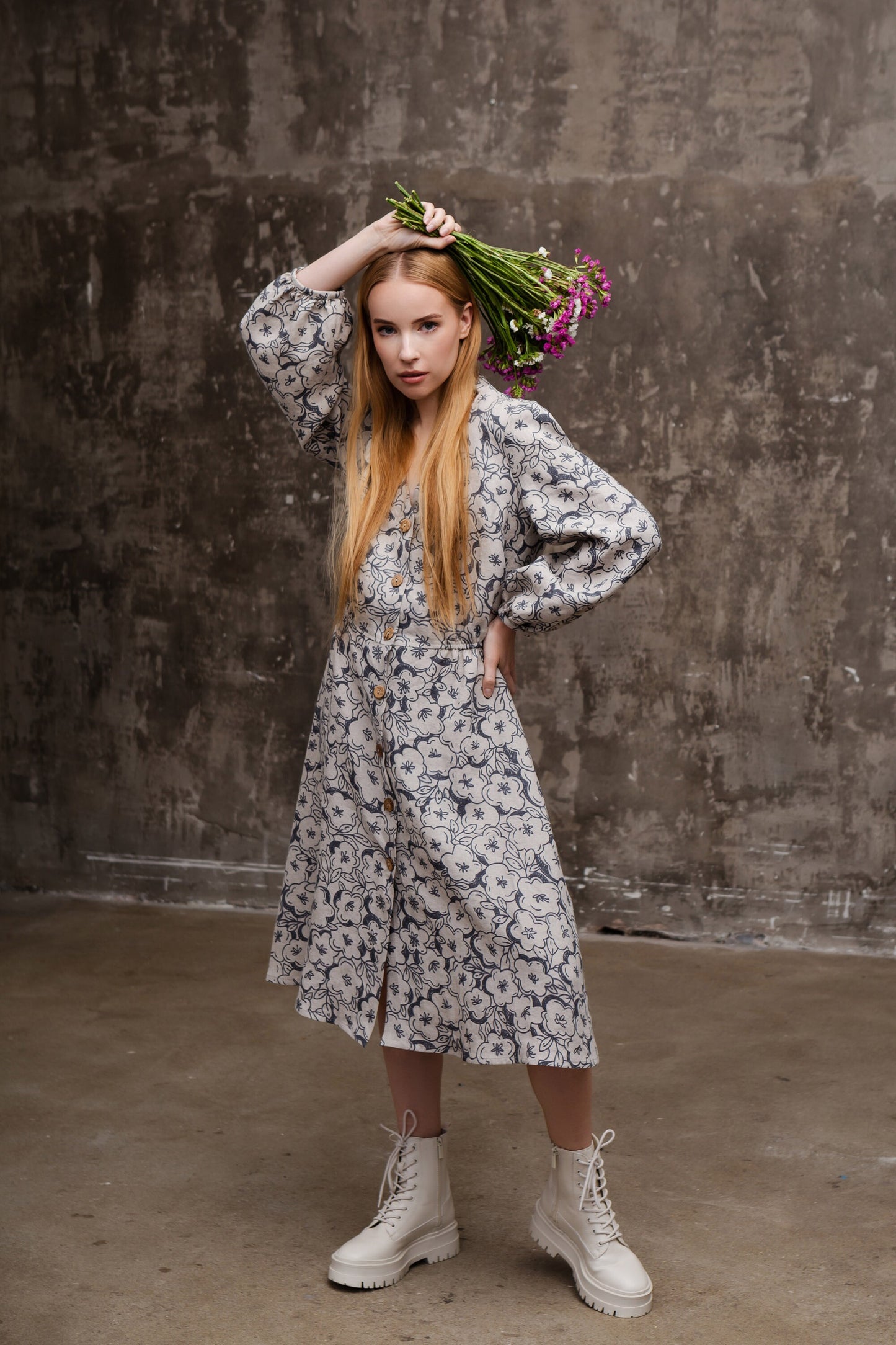 Linen Boho Puff Sleeve Dress